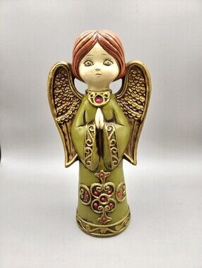 Ardco Vintage 1960 Green Paper Mache Angel, Gold Wings & Red Jewels, Japan